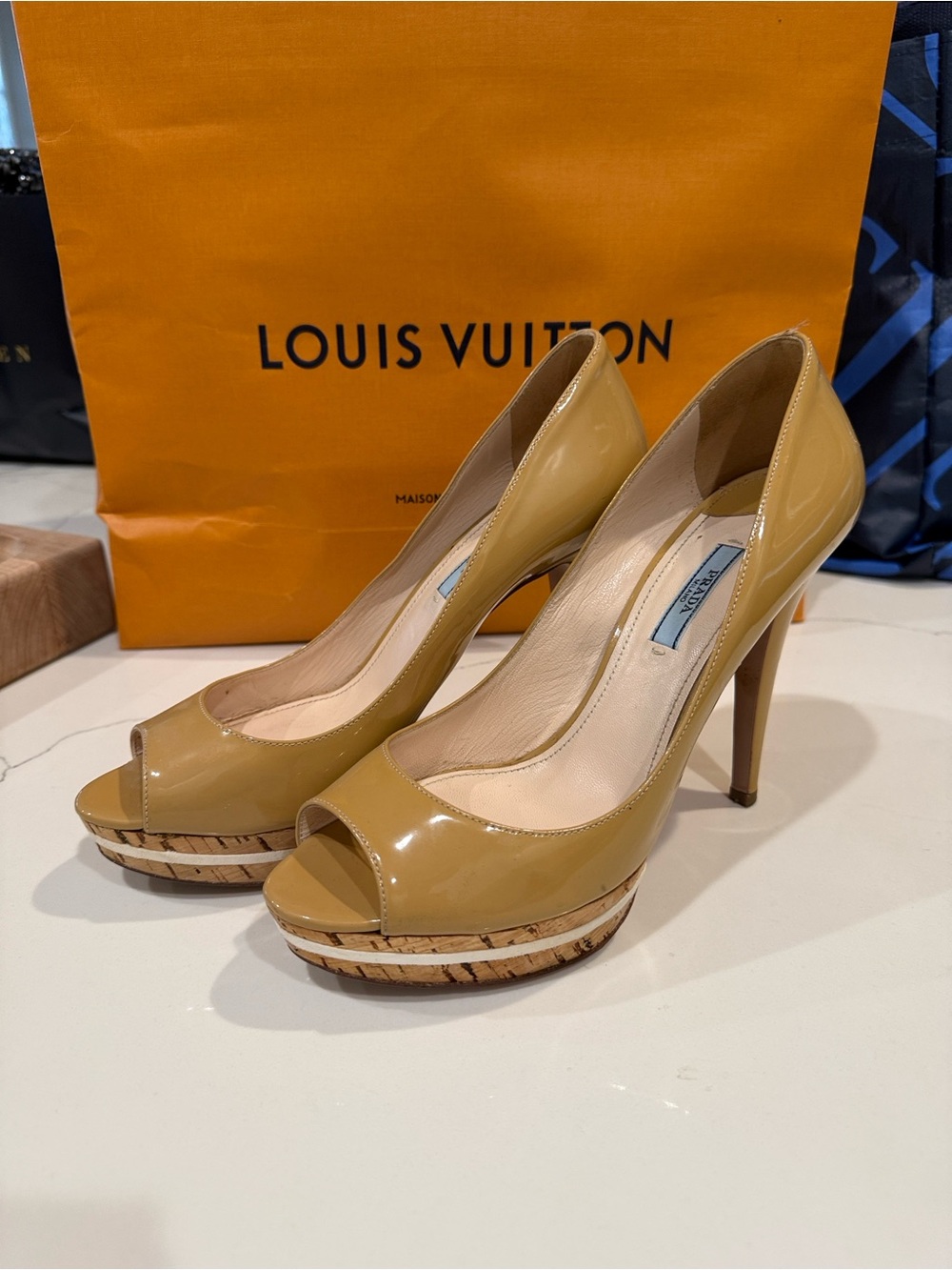 Prada Mustard Patent Leather Peep-Toe Platform Pumps